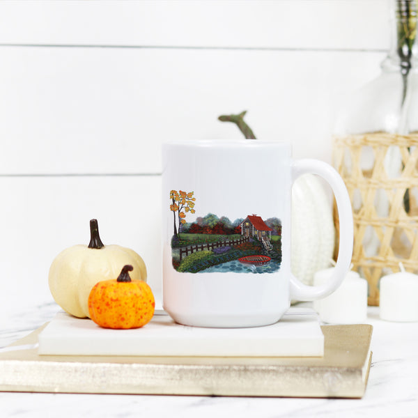 Autumn is Here (no background) Deluxe 15 oz Mug